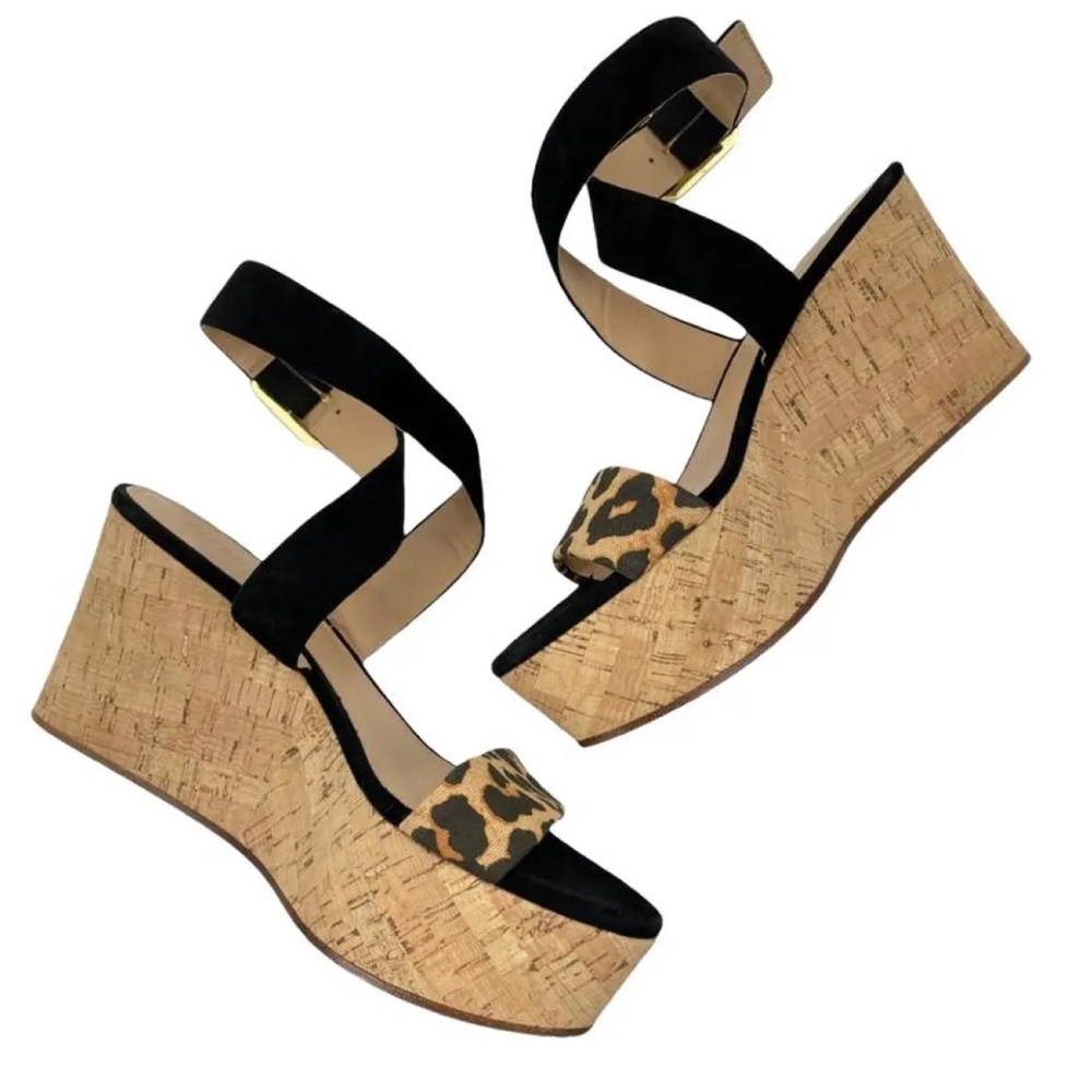 Veronica Beard Hurley Wedge Sandals Leopard Ankle Strap size 7